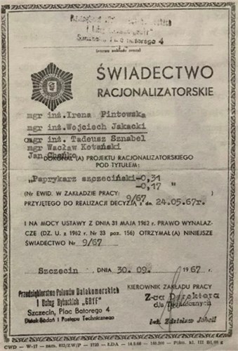 Świadectwo racjonalizatorskie - Paprykarz szczeciński