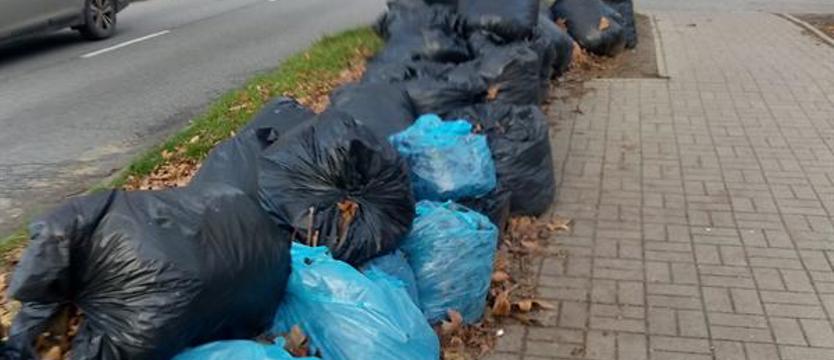 Worki z liśćmi zalegają na ulicy Bandurskiego